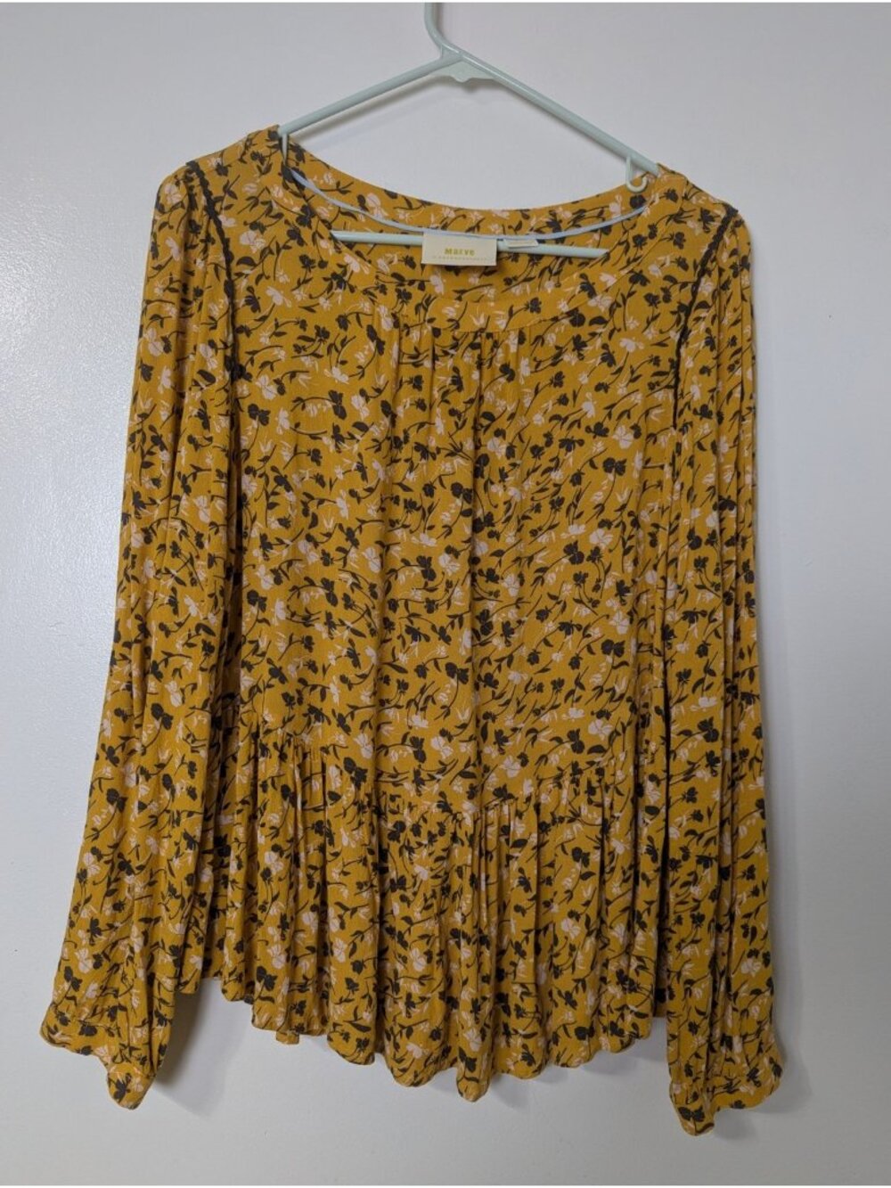 Maeve By Anthropologie Size M Yellow Floral Long Sleeve Peplum Blouse